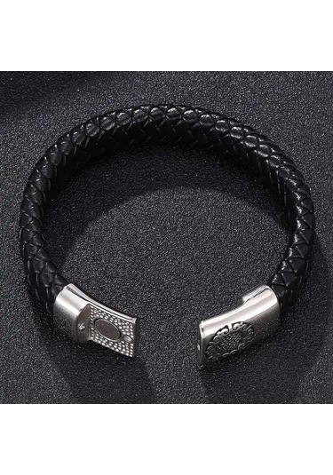 Üniseks Örgülü Hakiki Deri Bileklik Paslanmaz Çelik Tokalı Kadınlar Erkekler İçin Hediye Trend Takı Dokuma Bileklik Siyah