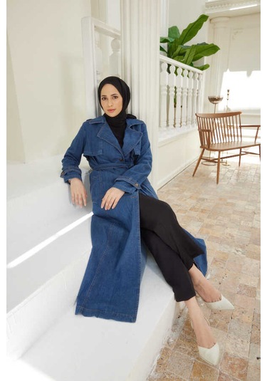 Neways 6458-Battal Allerli Denim Trençkot Koyu Mavi Mavi