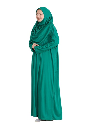 Keseli Namaz Elbisesi Eşarp Ve Tesbih Hazır Tesettür Giyim Türban Müslüman Giysi Takım Yeşil