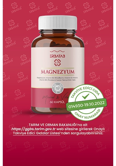 Erbatab Magnezyum Bisglisinat Sitrat Malat & Vitamin B2 B3 B6 3'lü Form 60 Kapsül
