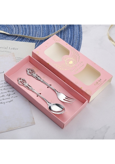 Sones 2 Adet / Paket Retro Ajurlu Oymalı Tatlı Kaşığı Çatal Seti Oymalı Çatal Bıçak Takımı Hediye Kutusu, Stil: Pembe Kutu