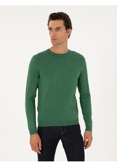 Cacharel Açık Yeşil Slim Fit Yün Karışımlı Bisiklet Yaka Basic Triko Kazak Acık Yesıl