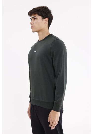 Rowinger Minimal Göğüs İşlemeli Rahat Kalıp Esnek Manşetli Mevsimlik Bisiklet Yaka Sweatshirt Haki