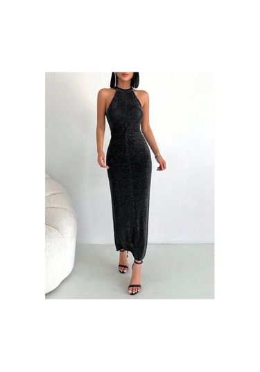 Simli Buzi Elbise Siyah