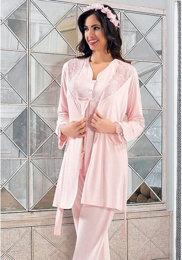 Xses 2190 Kadın Hamile Lohusa Sabahlıklı Pijama Takım-pudra