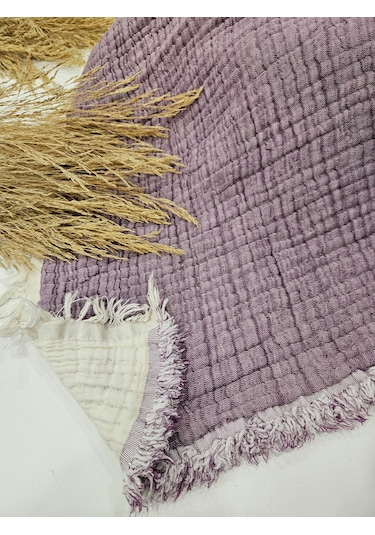 Mor 7 Katlı Çift Taraflı Dolgulu Çift Kişilik Müslin Battaniye %100 Pamuk 230x240 Cm