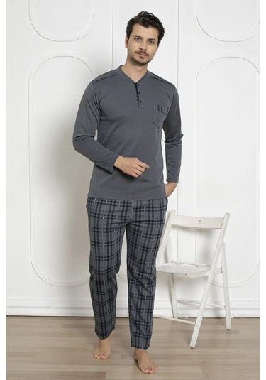 Erkek Ekose Desen Likralı Pamuk Uzun Kol Kışlık İnterlok Göğüs Cepli Pijama Takımı Füme