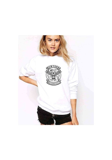 American Moto Riders Club Baskılı Beyaz Kadın Sweatshirt