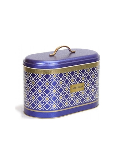 Turkish Blue Bread Box Desenli Oval Metal Ekmek Kutusu, 10.4 Lt Mavi