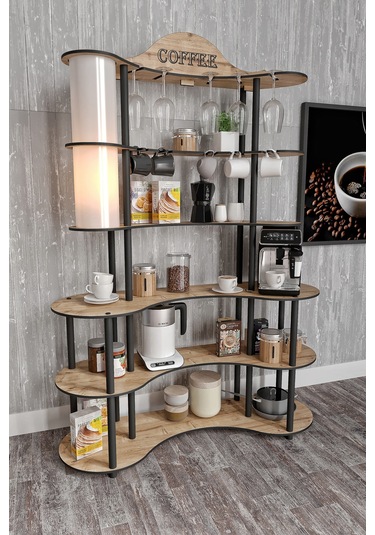 Brew-blıss Mutlu Kahve Köşesi-çok Amaçlı Mutfak Rafı Safir Meşe-lambader Aydınlatmalı Meşe