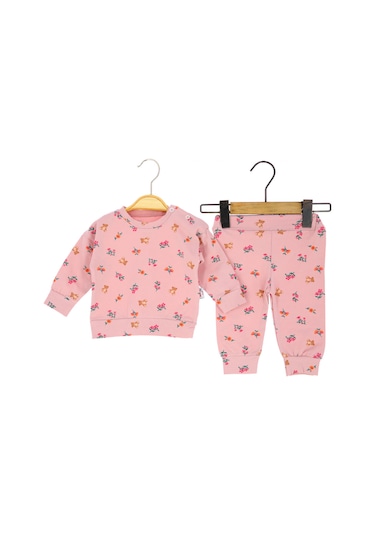 Kız Bebe Takım Çiçek Baskılı Gül Kurusu
