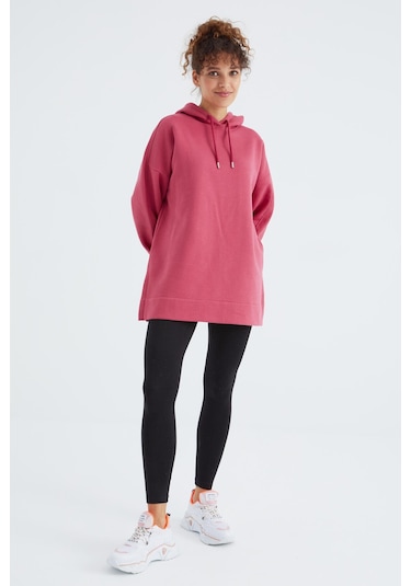 Tommy Life Yaban Gülü Reglan Kol Basic Kapüşonlu Oversize Sweatshirt Sweatshirt Tunik - 97242 Pembe