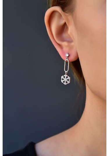 925 Ayar Gümüş Rodyum Kaplama Sallantılı Köşesiz Dikdörtgen Tektaş Kar tanesi Küpe