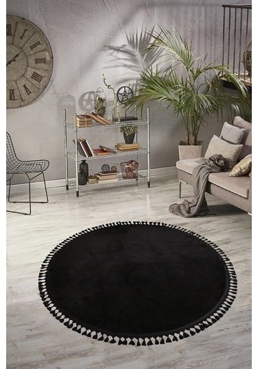 Vl Comfort Puffy Ponpon Saçak Peluş Yıkanabilir Siyah Yolluk Yuvarlak Ponpon Saçak