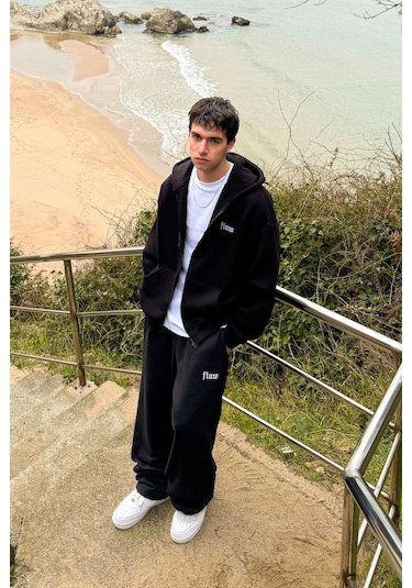 Flaw Nakışlı Zip Hoodie Siyah Siyah