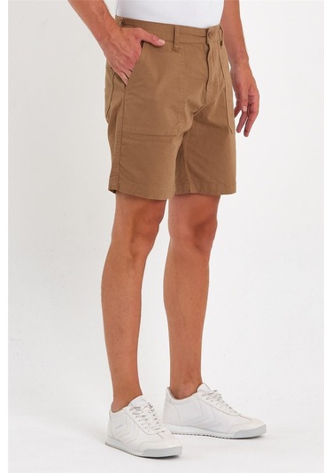 Erkek Likralı Yandan Cepli Kot Şort Hardal