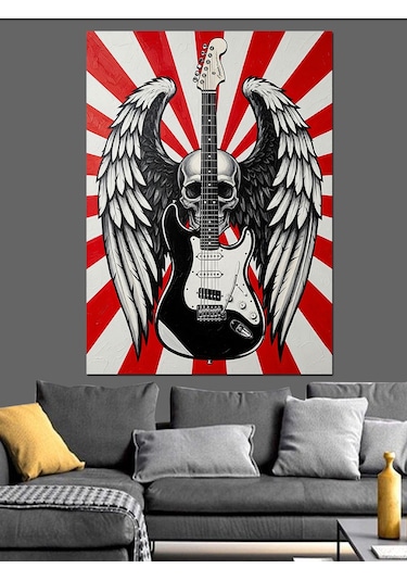 Kanatlı Kurukafa Ve Gitar Rock Konser Posteri Dekoratif Kanvas - Mdf Ahşap Tablo