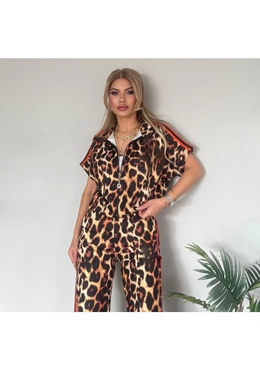 Kadın Dalgıç Kumaş Dijital Leopar Baskılı Şerit Detaylı Takım Leopar