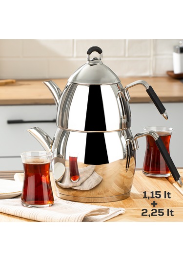 Özlife 1021 4 Parça Aile Boy Silikon Saplı Çelik Çaydanlık Takımı Gümüş