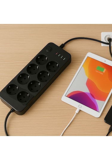 Buffer Akım Korumalı Termal Uzatma Kablosu 8 Priz, 2 Usb Ve 2 Type-c Girişli, Güçlü Çoklu Priz 0