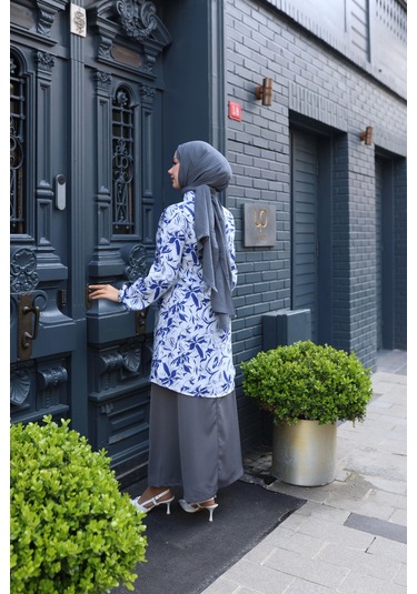 Kadın Mavi Çiçek Desenli Pamuk Dokuma Kumaş Tunik Gömlek Etekli Takım Tk1415 Mavi