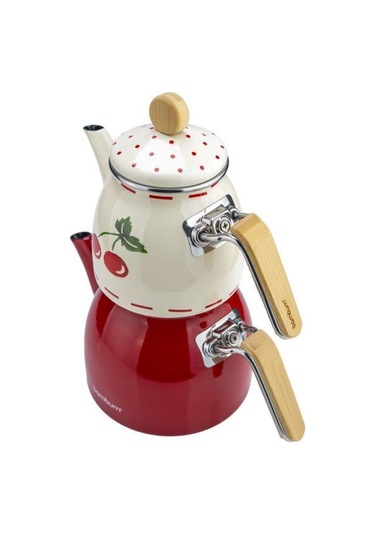 Bambum Unique - Bambu Kulplu Emaye Çaydanlık Takımı Cherry
