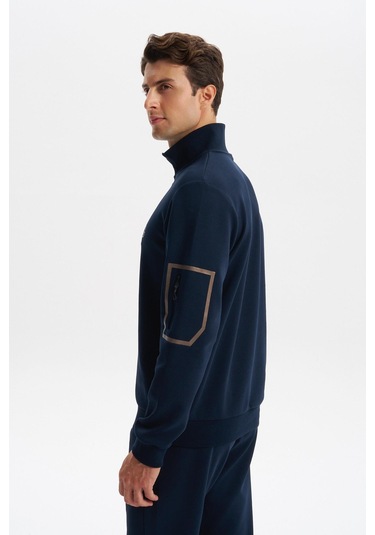Arma Erkek Slim Fit Dik Yaka Yarım Fermuar Pamuklu Sweatshirt Sol Kol Fermuar Cepli K30404685702 Lacivert