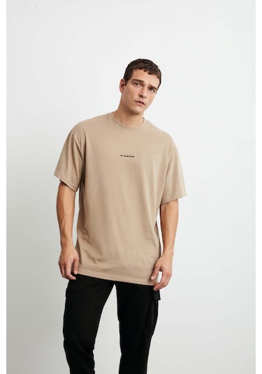 Rıver Erkek Oversize Fit Önü Nakışlı %100 Pamuklu Bej T-shirt