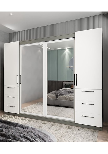 Bella Sürgü Kapaklı Dolap Gardırop Füme Beyaz 270cm- Montaj Dahil