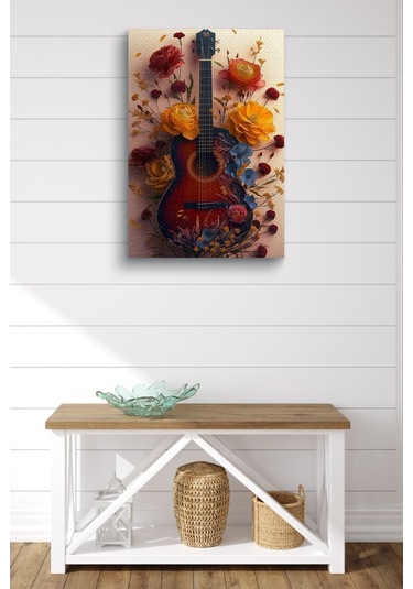 Etrafı Çiçek Kaplı Gitar Yağlı Kanvas Tablo