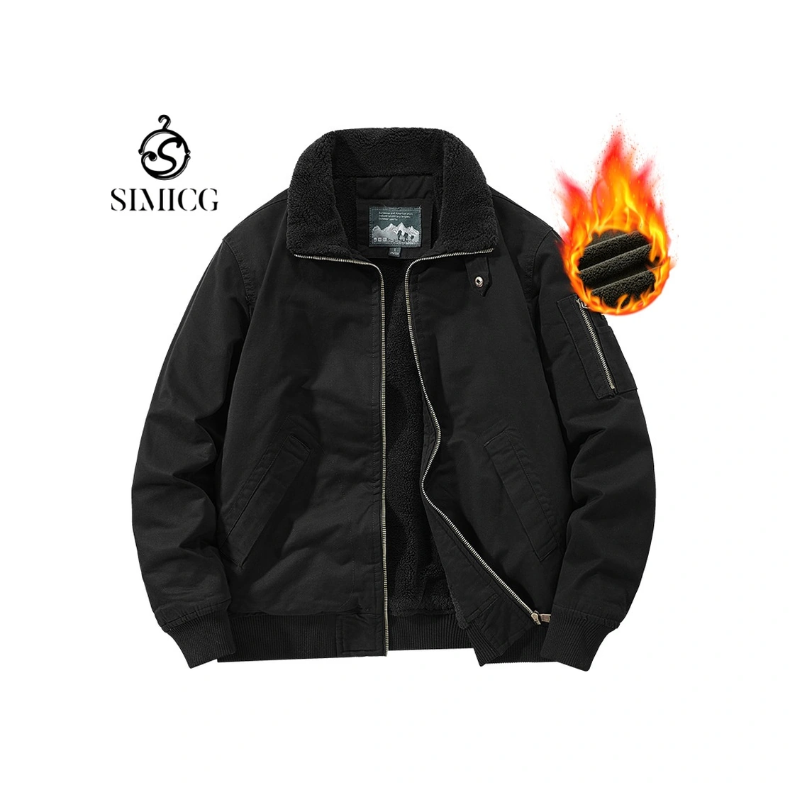 Açık Hava Erkek Kış Sıcak Moda Artı Polar Bomber Ceket Siyah