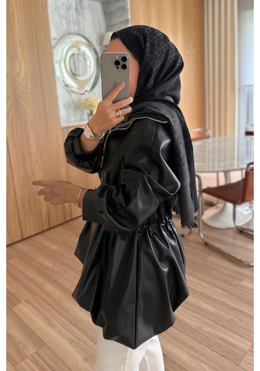 Beli Büzgülü Deri Ceket - Siyah Siyah