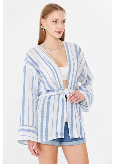 Armonika Kadın Saks Kemerli Kimono Arm-25y001073