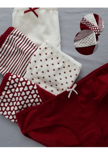 Alya Underwear Anne Kız Kombin Pamuklu Külot - Beyaz Slip İç Çamaşırı - 5'li Paket Bordo P27