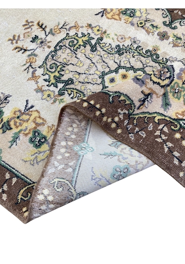 El Dokuma Retro Vintage Halı 117x215 Yün Eskitme Sıfır Halı Kahverengi