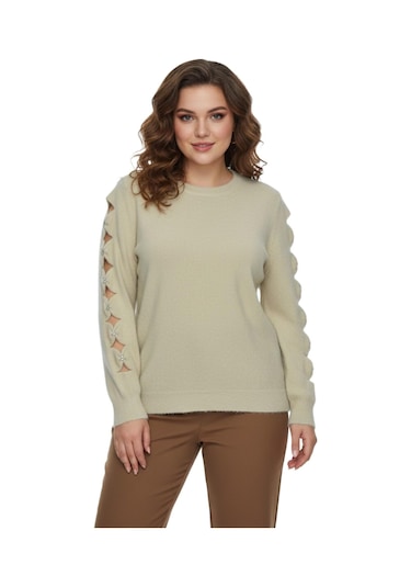 Lavella Kadın Kol Taşlı Modelli Sakallı Triko Kazak Bgl-st05077 Taş