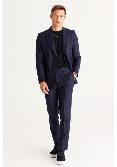 Ac&Co / Altınyıldız Classics Erkek Lacı Slim Fit Dar Kesim Kırlangıç Yaka %100 Yün Çizgili Takım Elbise Lacı Lacivert
