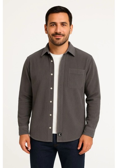 Erkek Fitilli Kadife Cepli Gömlek Oversize Rahat Kalıp - Füme Füme