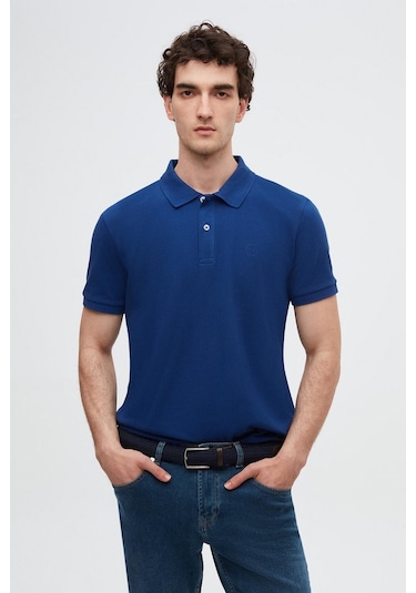 Ds Damat Regular Fit Saks Mavi Pike Dokulu %100 Pamuk Kıvrılmaz Polo Yaka Nakışlı T-shirt 4HC14ORT51000 Saks Mavi