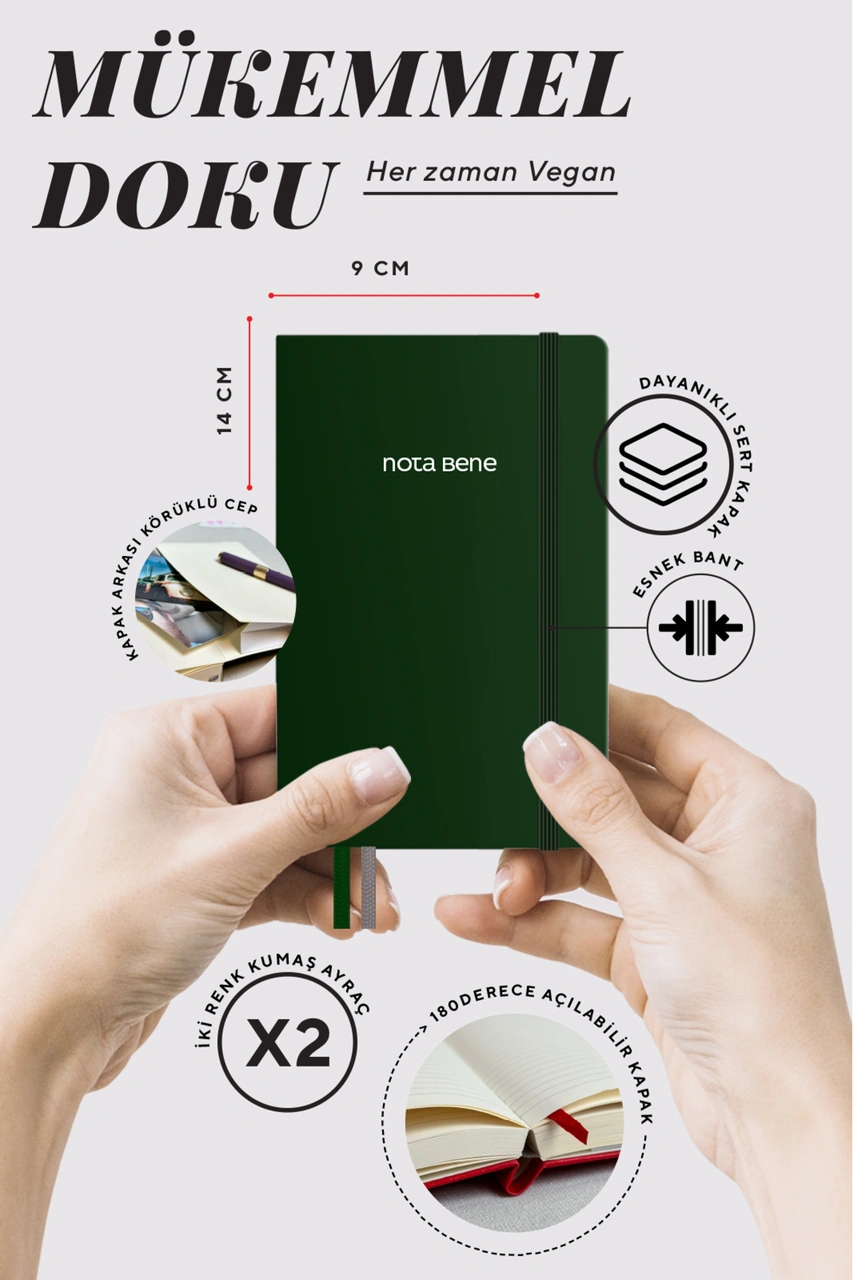 Nota Bene Classic Sert Kapak Defter, 9x14 Cm, Çizgili Yeşil