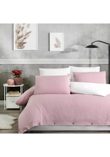 Çift Kişilik %100 Pamuk Ranforce Düğmeli Nevresim Takımı Lastikli Çarşaflı 200x220 Cm Pembe Pembe