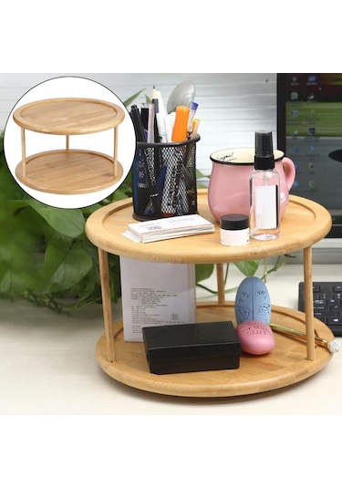 Suntek 2 Katmanlı Ahşap Pikap Baharatlık Mutfak Dolabı Dönen Organizatör Bej