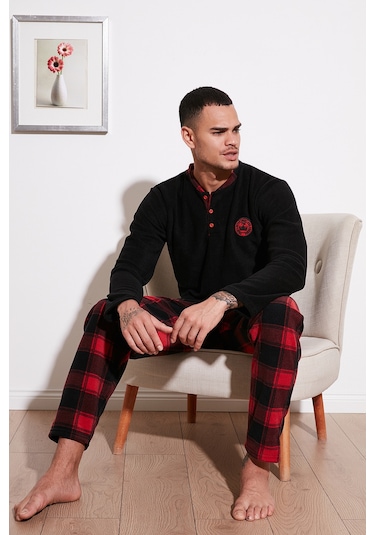 Buratti Ekose Regular Fit Bisiklet Yaka Kışlık Polar Erkek Pijama Takımı 609610013W4 Siyah-Kırmızı