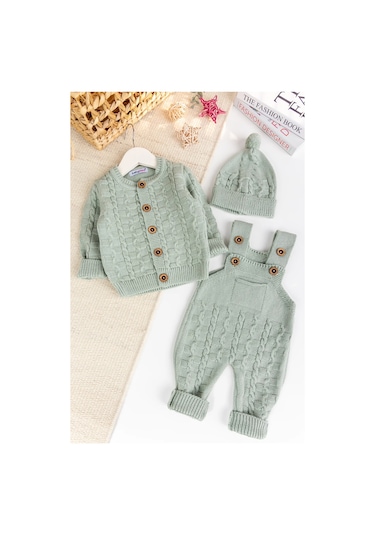 Triko Hırkalı 3'lü Ayarlanabilir Askılı Örgü Erkek Bebek Salopet Tulum Takım Set Yeşil