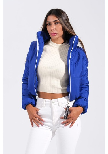 Kadın Saks Mavi Sırtı Taş Baskılı Dik Yaka Kısa Şişme Mont-saks Mavi Saks Mavi