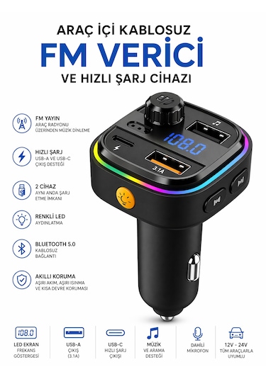 Araç İçi Bluetooth Fm Transmitter Usb-c Hızlı Şarj Çift Usb Led Ekran 12-24v 12w