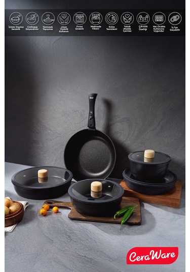Ceraware Hona XL 14 Parça Tak Çıkar Saplı İç İçe Geçebilen Seramik Yapışmaz Tencere Tava Seti Siyah