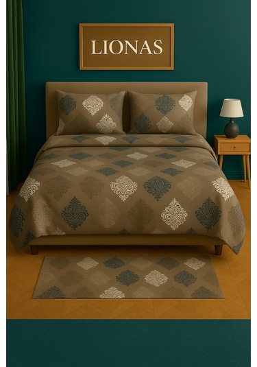 Çift Kişilik Desenli Nevresim + 2 Adet Kapaklı Yastık Kılıfı Açık Kahverengi