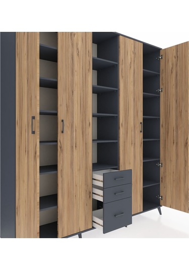 Hyperion Dolap 17 Raflı 3 Çekmeceli 4 Kapaklı 220x44x243 Antrasit-çam/antrasit Atlas Çam/antrasıt