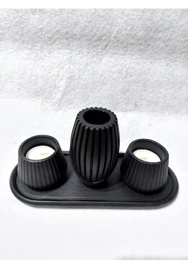 İskandinav Vazolu Tabaklı Tealight Mumluk Set Siyah Siyah